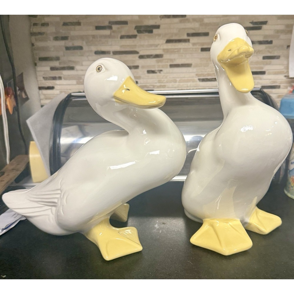 Ceramic Ducks Set 2 White Goose Farmhouse Cottagecore Decor Vtg Glass Eyes